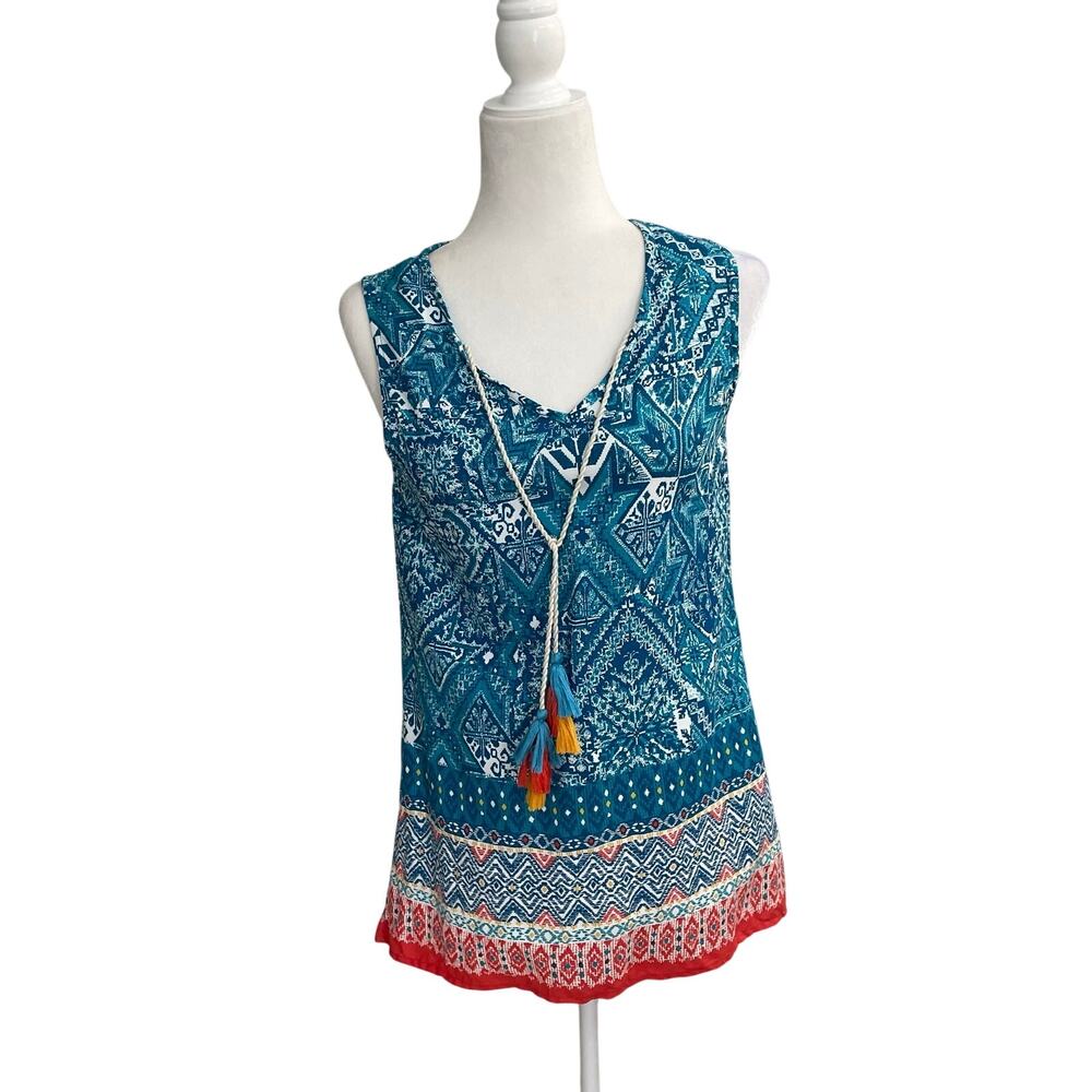 Panhandle Boho-Y2K Tribal Print Sleeveless Tunic Top Tassel Detail M